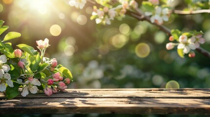 Wall Mural - Spring background with a wooden table and a blurred green spring garden with a blossoming apple tree in the sunlight. Spring template for product display, 