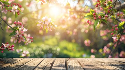 Wall Mural - Spring background with a wooden table and a blurred green spring garden with a blossoming apple tree in the sunlight. Spring template for product display, 