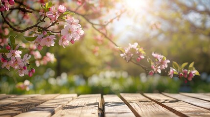 Wall Mural - Spring background with a wooden table and a blurred green spring garden with a blossoming apple tree in the sunlight. Spring template for product display, 