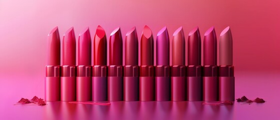 Colorful lipstick with different glosses on a pink background.