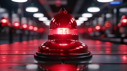 Red danger alarm bell or emergency notifications alert on rescue warning background with security urgency concept. 3D rendering.