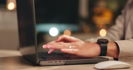 Poster - Hands, laptop and person in office typing online email for corporate communication or networking. Technology, research and copywriter working on creative project with computer for deadline at night.