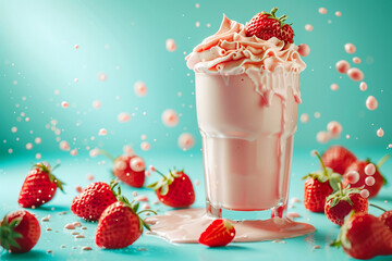 Wall Mural - Generative AI Image of Delicious Strawberry Milkshake Cold Drink in Glass with Cream Topping