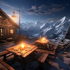 Wall Mural - 3D CG rendering of mountain hut with table and lantern at night