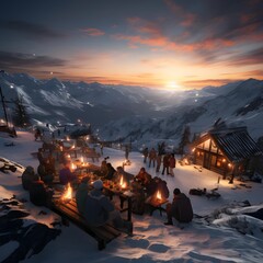 Wall Mural - Christmas nativity scene in the mountains at sunset. 3d rendering