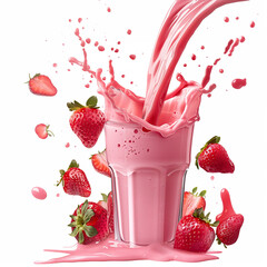 Wall Mural - Generative AI Image of Strawberry Fruit Fresh Milk Drink Poured in Glass with a Splash