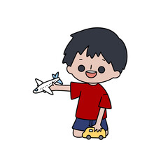 Poster - A boy is holding a toy airplane and smiling