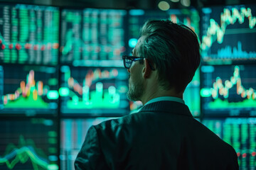 Poster - A man in a suit is looking at a computer screen with multiple graphs