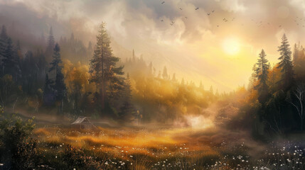Wall Mural - A painting of a forest with a sun in the sky
