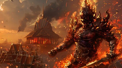 A stylized rendering of the giant Tosakanth (Ravana) in a fierce battle pose, with intricate armor and a backdrop of a burning cityscape, representing scenes from Thai epic tales.