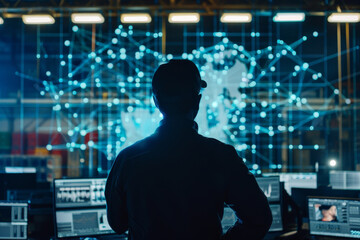 Poster - A man is looking at a computer screen with a lot of lines and dots