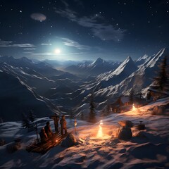Wall Mural - Fantasy landscape with mountains, moon and stars. 3D illustration