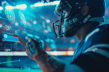 A man wearing a helmet is pointing at a screen with a football game on it