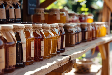 A wooden shelf with many jars of different colored jams