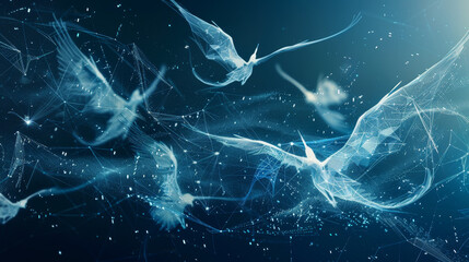 Poster - A group of birds flying in the sky with a blue background