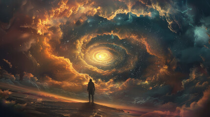Wall Mural - A person is standing on a hill in front of a large spiral galaxy