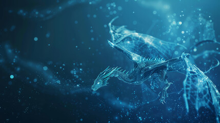 Poster - A blue dragon flying through a blue sky with a lot of sparkles
