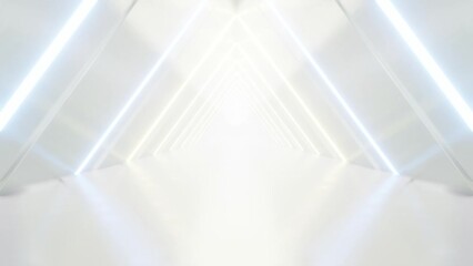 Wall Mural - abstract white futuristic triangle tunnel architecture with neon light, loop animation.