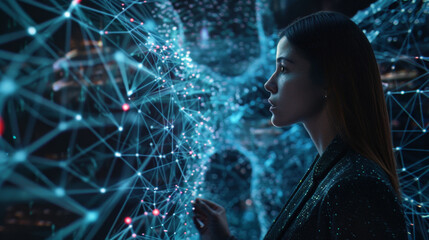 Poster - A woman is looking at a computer screen with a lot of lines and dots