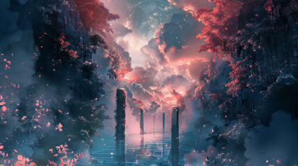 Wall Mural - A beautiful, colorful, and serene landscape with a river and trees
