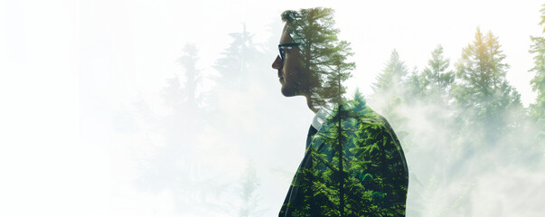 Wall Mural - Double exposure of a man in a suit overlayed with a forest, symbolizing connection between nature and urban life in an abstract concept.