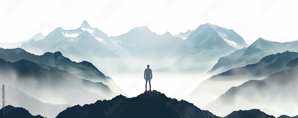 Silhouette of a person standing on a mountain peak with misty mountains ...