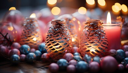 Christmas still life with burning candles and bokeh on dark background