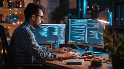 Poster - a software developer works on code late into the night, illuminated by the glow of multiple computer