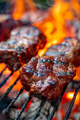 Wall Mural - Juicy grilled meat with fire, appetizing barbecue