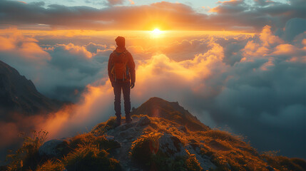 Wall Mural - Man on mountain peak with green grass looking at beautiful mountain valley in fog at sunrise in summer. sunset over the mountain