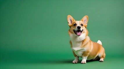 Wall Mural - Cute corgi licking on a green background in a studio