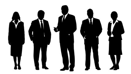 Wall Mural - Business people group black silhouettes pose on white background, flat line vector and illustration.