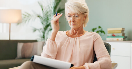 Poster - Mature woman, notes and home office with reading, therapy sofa and freelance employee with document. Living room, working and notebook with planning, writing and remote job in a lounge with glasses