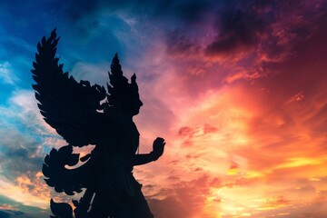 A statue of a woman with wings is silhouetted against a beautiful sunset
