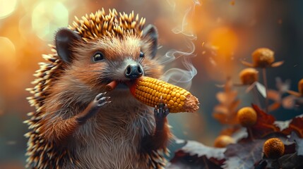 Wall Mural - surreal portrait of a handsome hedgehog smoking a corncob pipe on a plain background