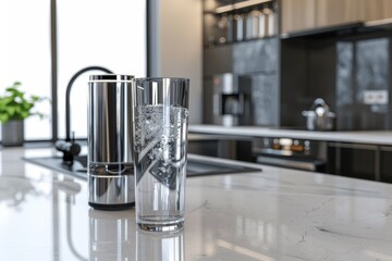 A glass of water sits on a counter next to a water dispenser