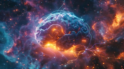 A glowing brain with light blue and purple veins connected to multiple wires that lead into the center of an orange energy source, set against deep space background.