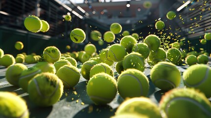 Wall Mural - Spectacular Lots of tennis balls hit the screen and cover it, then fall downstairs