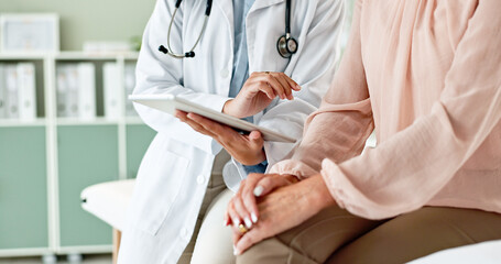 Poster - Clinic, tablet and hands of doctor with patient for consulting, medical service and help in hospital. Healthcare, telehealth and people on digital tech for diagnosis, online results and insurance