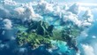 © horizon - A group of islands in the middle of the sea, with lush green mountains and blue water, surrounded by white clouds.