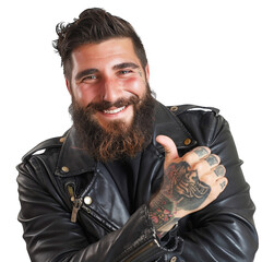 an attractive man with a beard and tattoos wearing a black leather jacket showing a thumbs up against a white background