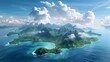 © horizon - A group of islands in the middle of the sea, with lush green mountains and blue water, surrounded by white clouds.