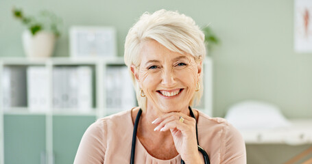 Poster - Healthcare, doctor and portrait of mature woman with stethoscope for medical career, support and health. Clinic, consulting room and happy person for cardiology, pulmonary service and wellness