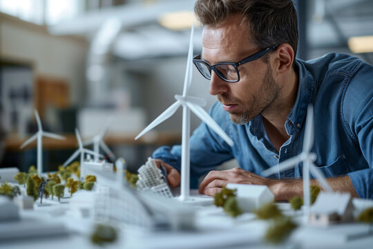 An engineer examines a detailed model of a city with wind turbines, focusing intently on the design and functionality of the renewable energy source