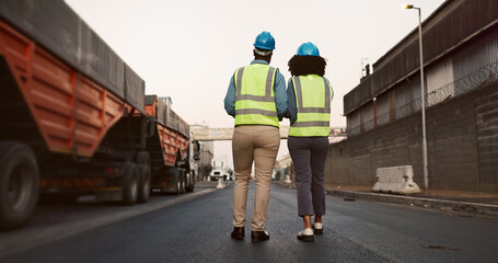 Canvas Print - Construction worker, team and walking with discussion at logistics site in morning for vehicle inspection or cargo export. Shipping industry, inspectors and outdoor with back for quality assurance