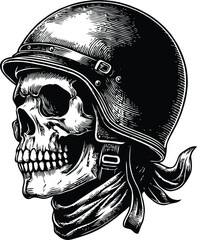 Wall Mural - Edgy and intense logo design illustration of a skull zombie wearing a biker helmet, combining the elements of horror and motorcycle culture