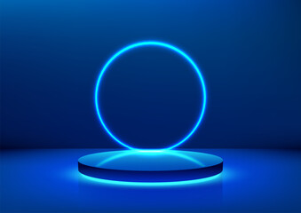 Wall Mural - 3D blue podium with neon light circle glows behind a podium in a dark room, technology concept