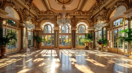 An expansive, sunlit ballroom featuring crystal chandeliers hanging from a vaulted ceiling. Ornate statues and lush plants enhance the sophisticated atmosphere, for an editorial fashion shoot.