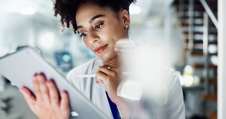 Poster - Woman, doctor and thinking with tablet for new discovery, cure or medical study on test results or exam at lab. Young female person or scientist with technology for scientific research at laboratory