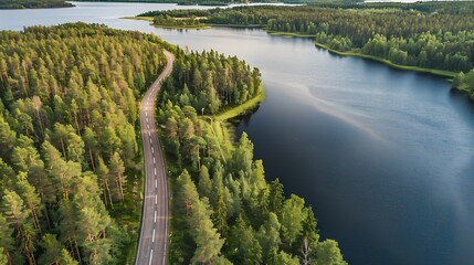 Wall Mural - Aerial view of road with green woods by blue lakes water in summer Finland : Generative AI